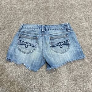 Y2K Vtg 00s grunge Mudd Embroidered Denim Short sz 1 Frayed Distressed Buttonfly